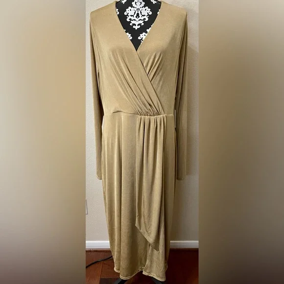 knee length dresses for ladies Chic Green Wrap Dress with Long Sleeves Green / US 16